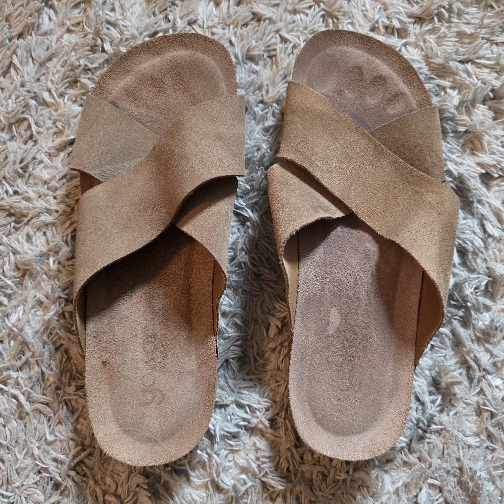 Yokono Criss Cross Genuine Leather Upper Cork Sole Flat Sandals 9
